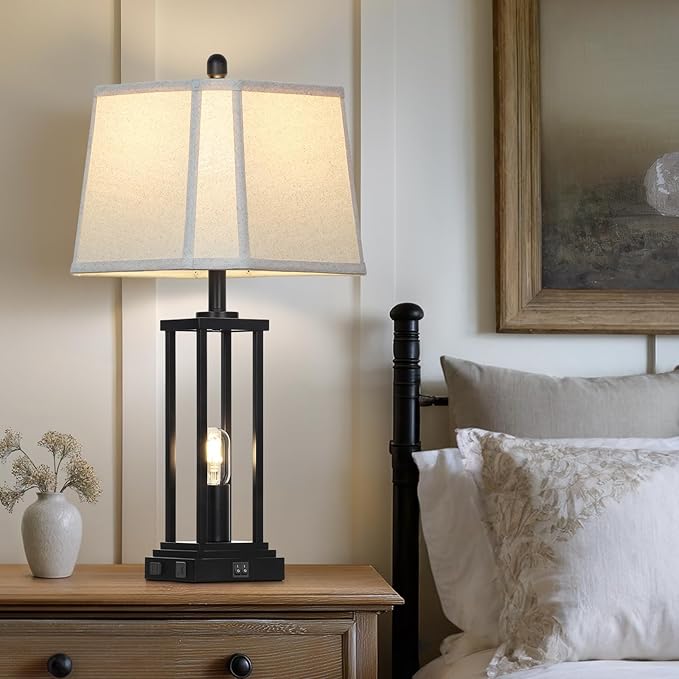 27" Tall Farmhouse Table Lamps with Bell Lampshade, Black Industrial Living Room Lamps Set of 2 with Night Light, Rustic Bedside Lamp with USB C+A Port & AC Outlet, Vintage Bedroom Lamp for Nightstand - Bloomnest