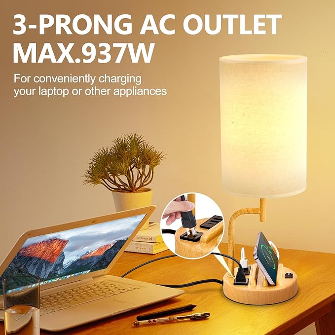 Dreamholder Table Lamp with 3 USB Charging Ports, Modern Desk Lamp with AC Outlet and Phone Stands, Perfect Bedside Lamp for Bedroom, Living Room, Office (Pack of 2) - Bloomnest