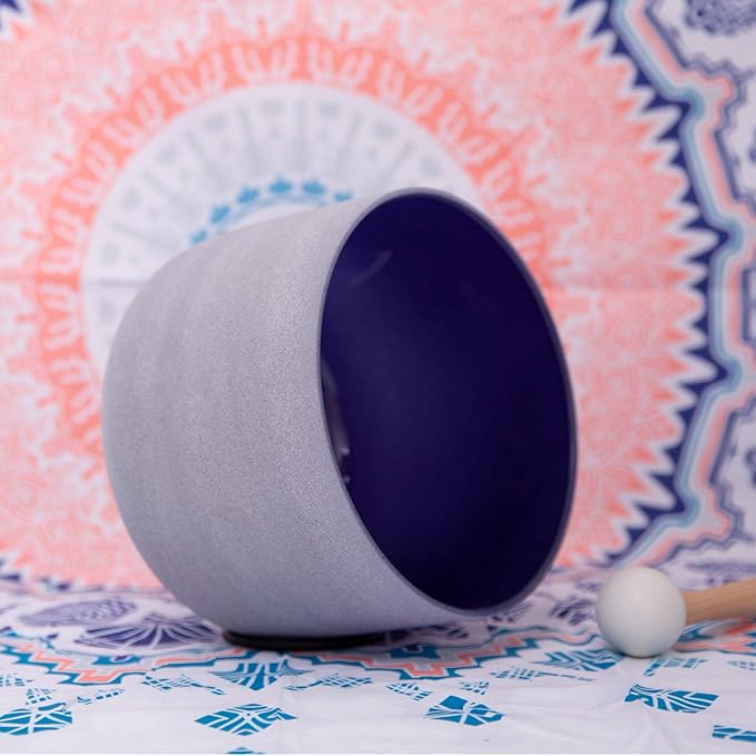 432Hz Perfect Pitch A 3rd Eye Chakra Indigo Colored Frosted Quartz Crystal Singing Bowl 8 inch mallet & o-ring included - Bloomnest