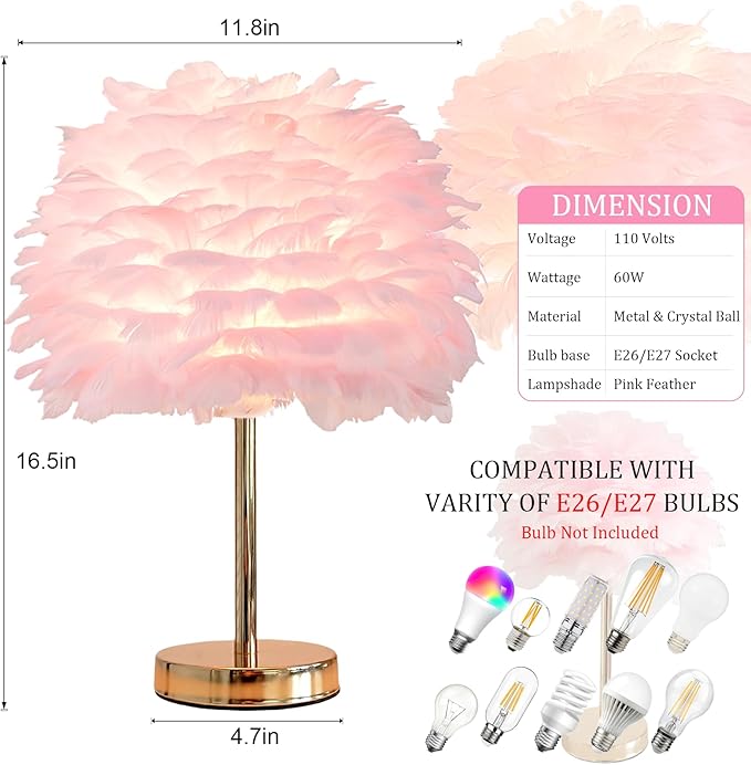 ZYLEIESENBAO Pink Feather Lamp Cute Romantic Goose Feather Table Lamp Furry Nightstand Light with Gold Base Bedside Lamp for Girl Bedroom Wedding Living Room Hotel Decorative - Bloomnest
