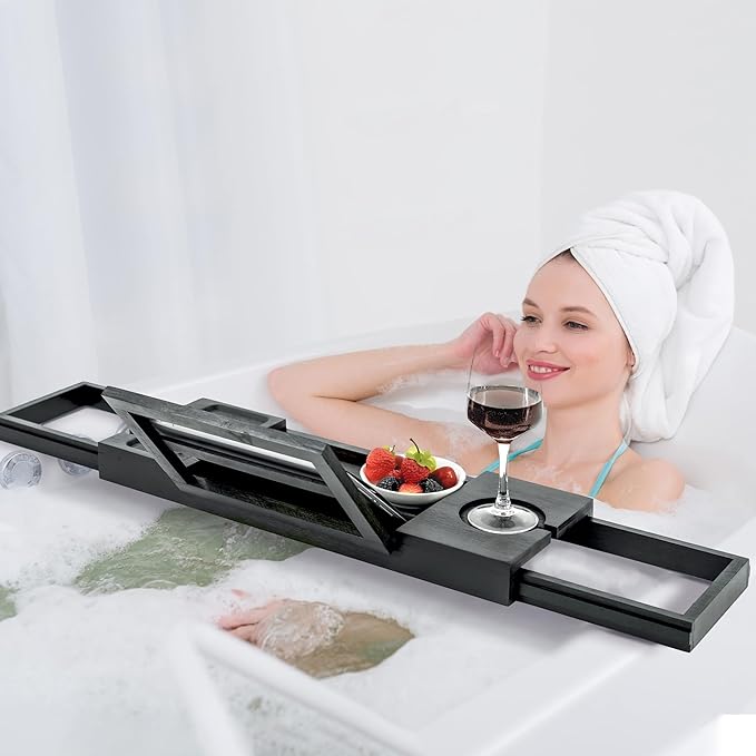 Utoplike Bamboo Bathtub Tray Black, Adjustable Bath Caddy Table for Tub, Bathroom Organizer with Book Tablet Wine Glass Cup Towel Holder - Bloomnest