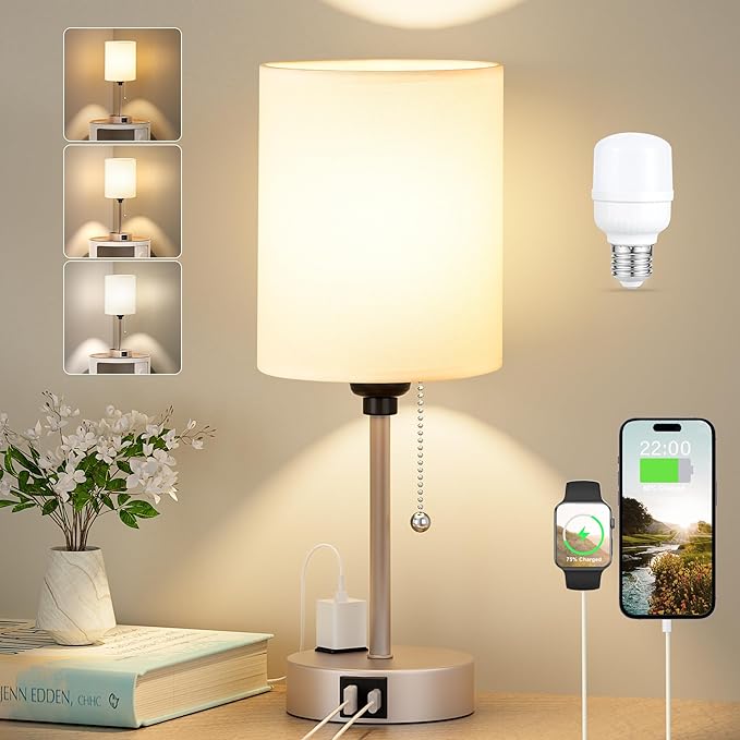 Small Bedside Table lamp for Bedroom - 3 Color Temperatures Bedside Lamps with USB C and A Ports, Pull Chain Table Lamps with AC Outlet, Gold Nightstand Lamps with White Shade for Kids Reading - Bloomnest