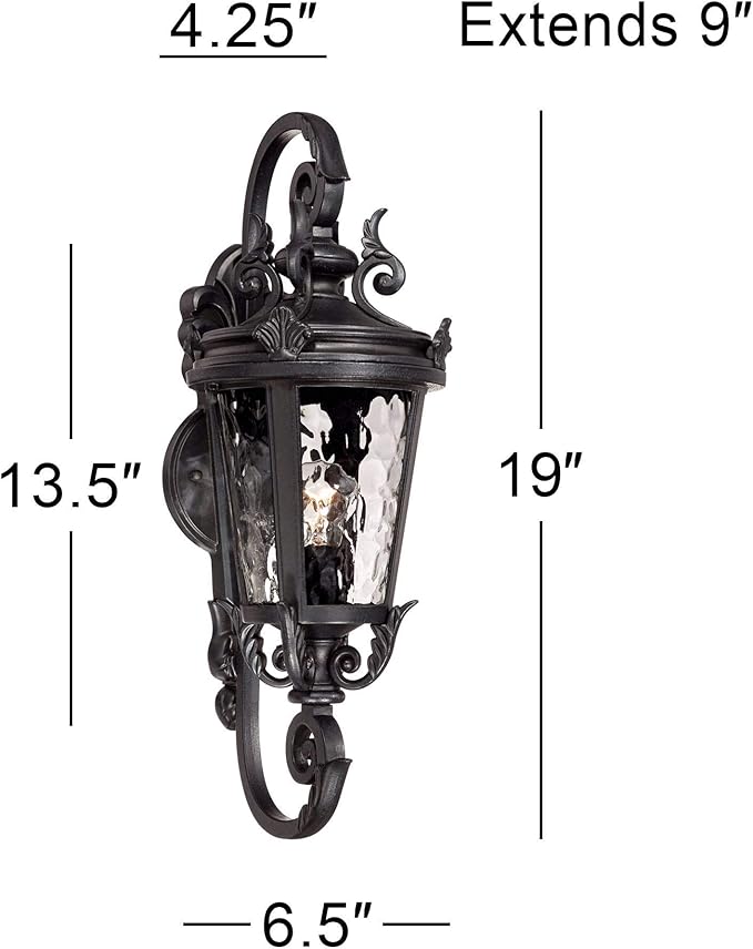 John Timberland Marseille Traditional Outdoor Wall Light Fixture Black Steel Scroll 19" Clear Hammered Glass Downbridge Arm for Exterior House Porch Patio Outside Deck Garage Front Door Home - Bloomnest