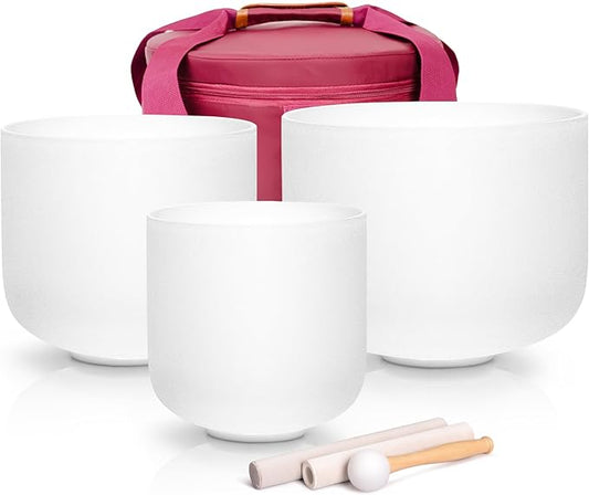 Alioth (7"A+9"E+11"C) Set of 3 Crystal Singing Bowls with Sturdy Carrying Case and Singing Bowl Mallets - Bloomnest