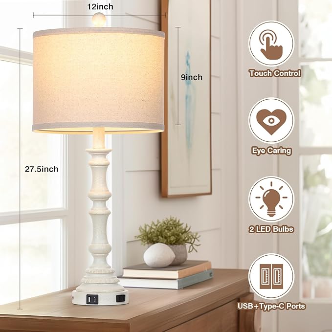 27.5" Farmhouse Table Lamps Set of 2 with USB C+A Ports & AC Outlet for Vintage Living Room Retro Bedroom,3-Way Dimmable Touch Lamp Resin Bedside Lamps for Nightstand Side End Table,White-1 - Bloomnest