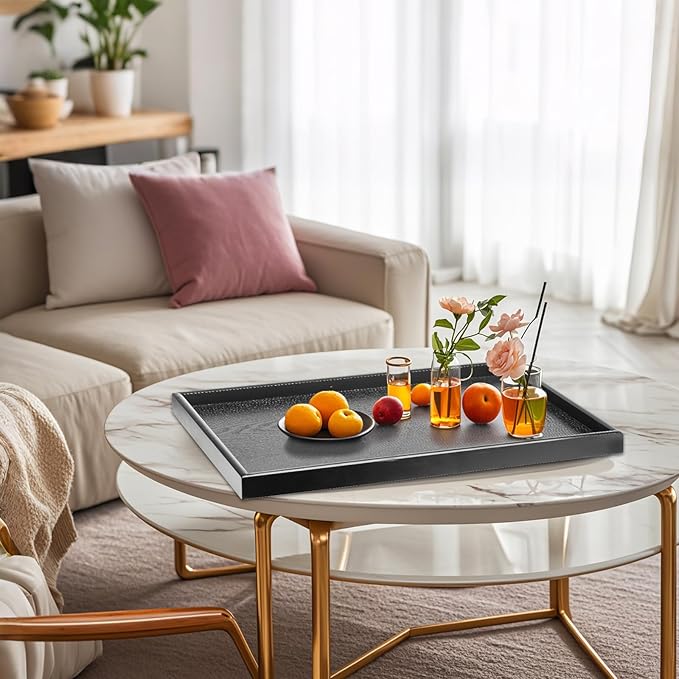 28 x 18 Inches Extra Large Solid Wood Serving Tray for Tea Coffee Table Snack Food Meals Serving Plate Kitchen Party Bar Breakfast Server with Raised Edges Black Wooden Decorative Ottoman Tray - Bloomnest