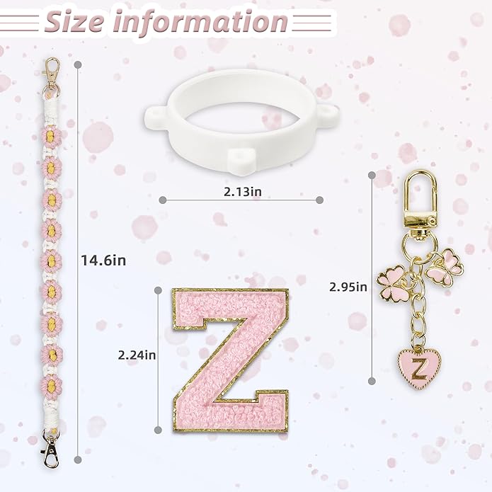 Compatible with Owala Water Bottle Accessories, Cute Letter Charm Set with Boho Handle Strap, Monogram Sticker, Silicone Ring, Keychain Decoration, for FreeSip 24 32 40oz, Owala Kids, Tumbler Gift SITKOL