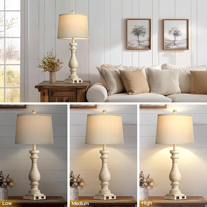 29" Tall Vintage Table Lamps Set of 2,Farmhouse Bedside Lamps with USB C+A Ports & AC Outlet,3-Way Dimmable Touch Lamp for Night Stands Living Room Bedroom,Beige - Bloomnest