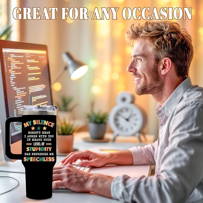 DUUV Sarcastic Tumbler 40 Oz, 'My Silence Doesn't Mean I Agree' Funny Insulated Mug for Christmas Thanksgiving, Gag Gifts for Coworkers, Boss, Friends, Office Parties, 1PCS - Bloomnest