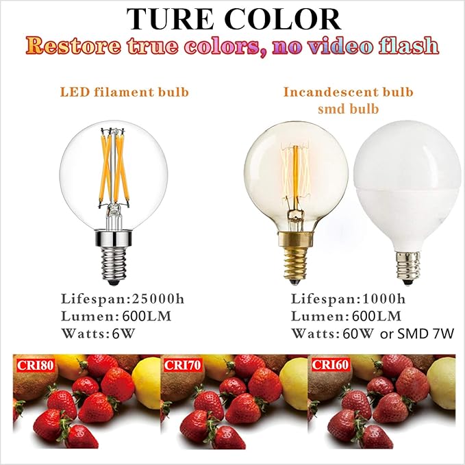 LiteHistory Dimmable G16.5 LED Light Bulb 6W Equal 60W 600lm AC120V Candelabra Bulb 60W for Chandeliers, Ceiling Fan, Vanity Warm White 2700K Globe Light Bulb 6Pack - Bloomnest