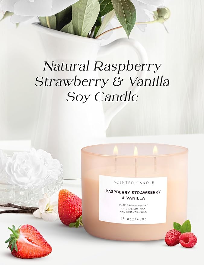 Raspberry Strawberry Vanilla 3 Wick Candle - Large 15.8 oz Soy Scented Candle, Strong Throw & Long Lasting - Fruity Berry Vanilla Candle - Aromatherapy Gift Candle for Home - Bloomnest
