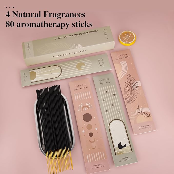 Incense Sticks Set of 80-6 Scents (Palo Santo, Sandalwood, Jasmine, Rose Geranium) Organic & Slow-Burning for Relaxation, Meditation & Positive Vibes (Hopeful) YINECO