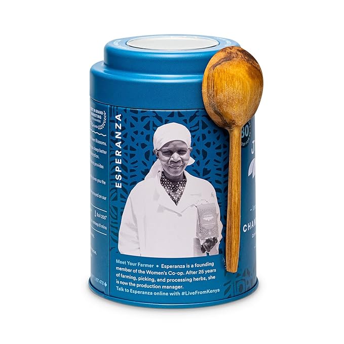 JusTea CHAMOMILE DREAM | Loose Leaf Herbal Tea | Tin with Hand Carved Tea Spoon |40+ Cups (1.6oz) | Caffeine Free | Award-Winning | Fair Trade | Non-GMO - Bloomnest
