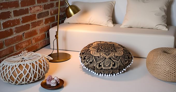 CRAFT KALA Large Round Bohemian Floor Pillow Pouf Cover Mandala Meditation Room Pillow Cover for Adults Boho Seating Poufs Cushion Cover for Kids Playroom Metallic Gold Flower 32" - Bloomnest