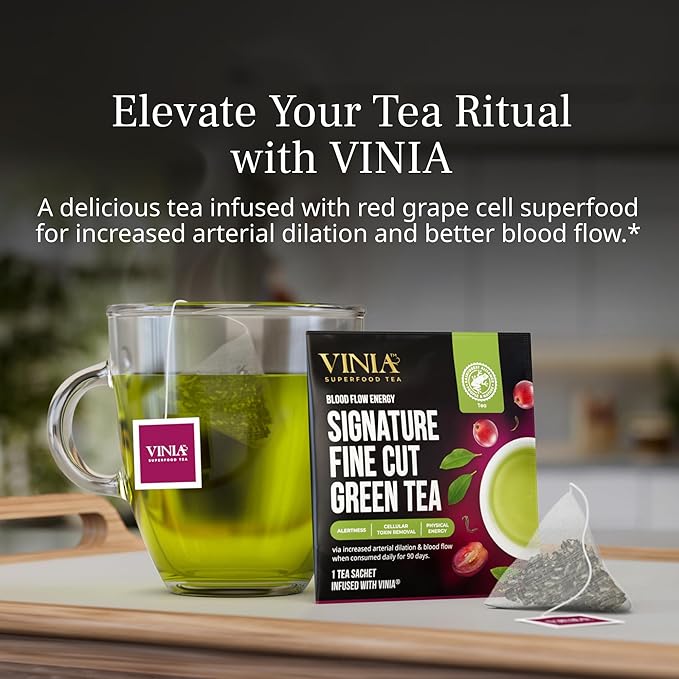 VINIA Signature Green Tea Bags, Made with Organic Green Tea, Infused with Piceid Resveratrol for Heart Health, Nitric Oxide, Physical Energy, Alertness, Blood Flow, Keto, Kosher, NON-GMO. 30 Ct - Bloomnest