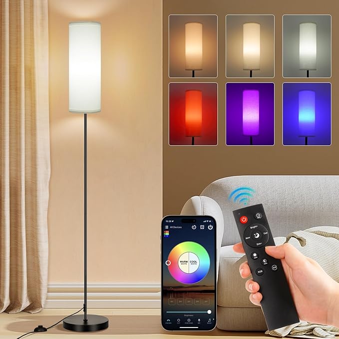 FRIDEKO HOME Floor Lamp, Color Changing Ambient Lighting for Living Room & Gaming Decor, Smart Standing Lamp with App & Remote Control, Tall Corner Lamp for Bedroom, 9W 800LM, Foot Switch, White Shade - Bloomnest