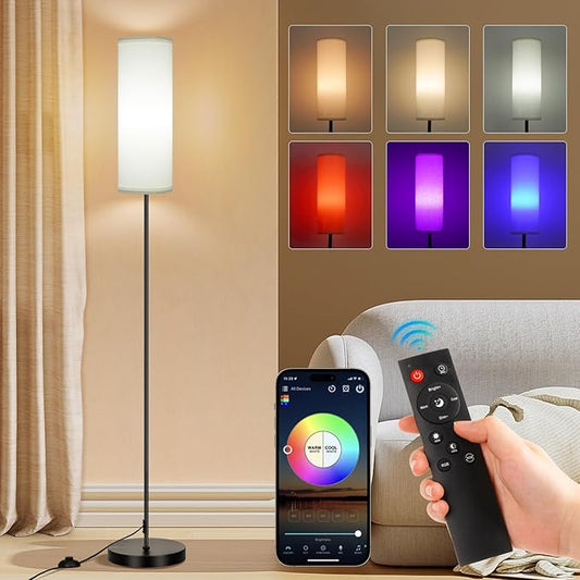 FRIDEKO HOME Floor Lamp, Color Changing Ambient Lighting for Living Room & Gaming Decor, Smart Standing Lamp with App & Remote Control, Tall Corner Lamp for Bedroom, 9W 800LM, Foot Switch, White Shade - Bloomnest