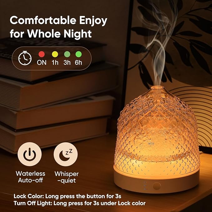 Glass Essential Oil Diffuser, 200ml Ultrasonic Aroma Diffusers with Glass Reservoir Dome & White Plastic Base Lock Color Auto-Off Timer 7 Color Light for Home Office Bedroom Yoga - Bloomnest
