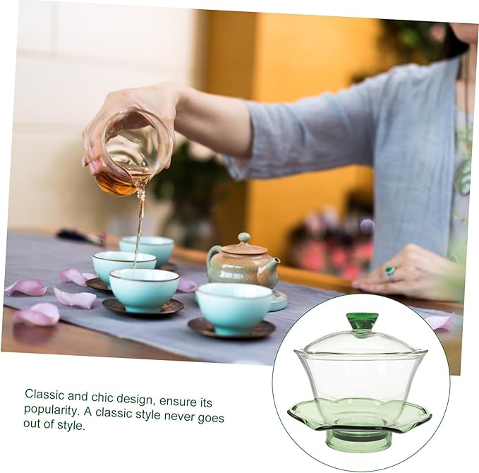 Mobestech Transparent Glass Teacup with Saucer and Lid for Kung Fu Tea Ceremony Compact Porcelain Tea Bowl at Home Office with Lotus Design - Bloomnest