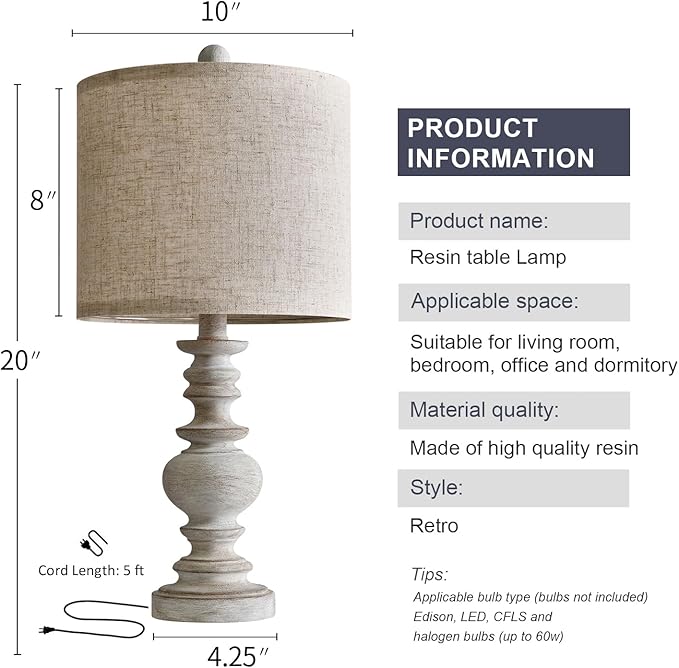 BOBOMOMO Tradition 20" Rustic Table Lamp Set of 2 for Living Room Bedroom Bedside Desk Lamps Bedroom Nightstand Vintage Lamps Linen（Suitable for Decorating Small Areas） - Bloomnest