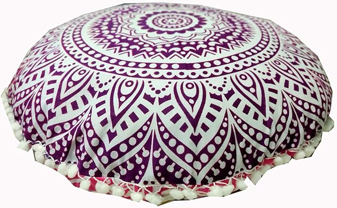INDIAN CRAFT CASTLE 24" Pink Ombre Mandala Barmeri Large Floor Pillow Cover Cushion Meditation Seating Ottoman Throw Cover Hippie Decorative Zipped Bohemian Pouf Ottoman Pom Pom Cases 24" Round - Bloomnest