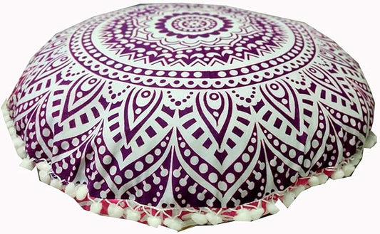 INDIAN CRAFT CASTLE 24" Pink Ombre Mandala Barmeri Large Floor Pillow Cover Cushion Meditation Seating Ottoman Throw Cover Hippie Decorative Zipped Bohemian Pouf Ottoman Pom Pom Cases 24" Round - Bloomnest