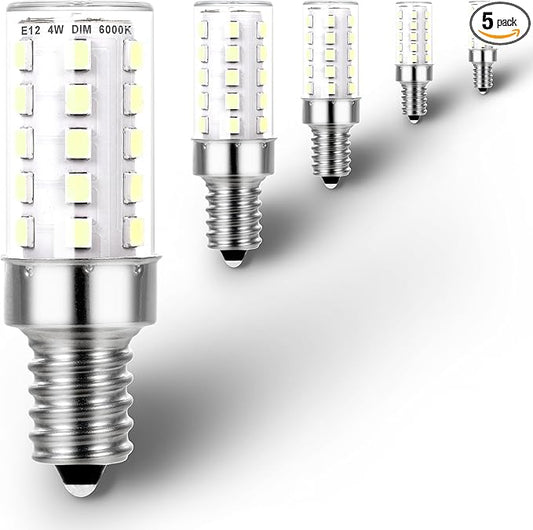 E12 25W-40W 6000K Daylight White Dimmable Led Bulbs Replacement, T6 Small Base E12 C7 LED Candelabra Bulbs 4W Bright Cool White for Ceiling Fan Chandelier Salt Lamp,450 lm(5Pack) - Bloomnest