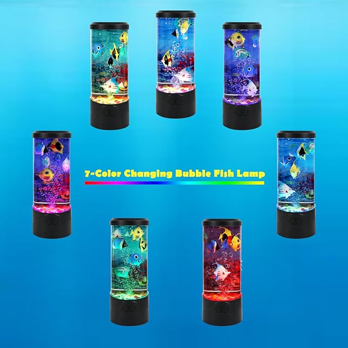Toycol Bubble Fish Lamp,Artificial Aquarium Lamp with 7-Color Changing,Sensory Bubble Tube Light with 6 Fake Fish Moving,Mood Night Light,Great Gift for Kids & Adults,Decor for Home Office Bedroom - Bloomnest