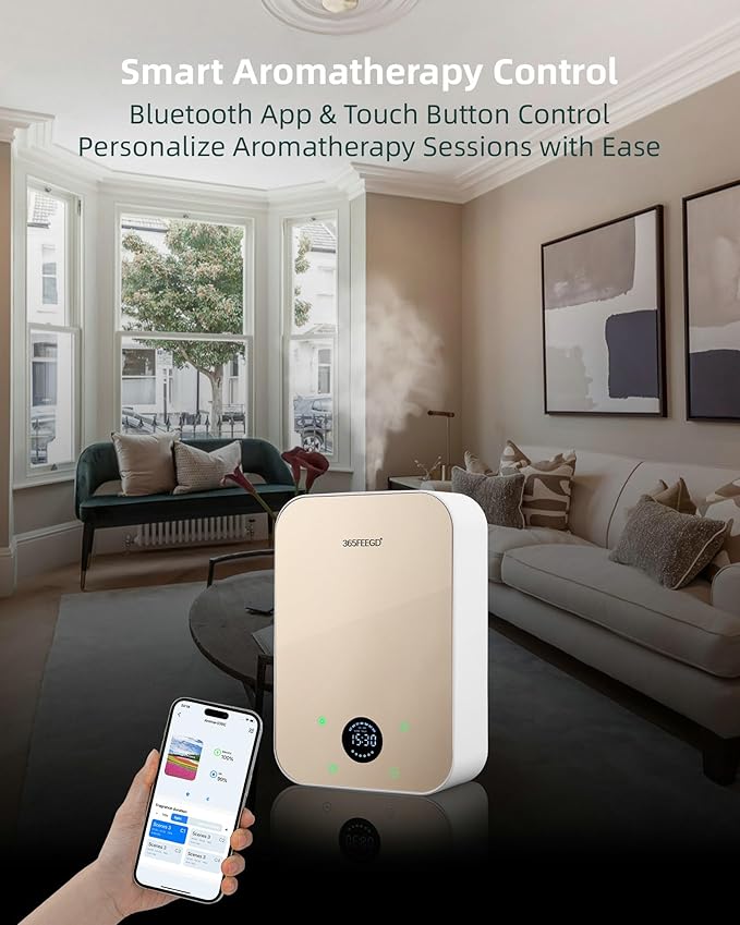 Waterless Essential Oil Diffuser - 150mL Smart Portable Bluetooth Diffuser | Dual-Power (Battery/AC) | Covers up to 1500 Sq Ft Home Aromatherapy - White Gold(AC+Battery) - Bloomnest