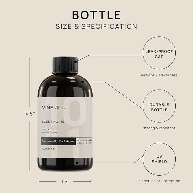 VINEVIDA (4oz) Hotel Fragrance Diffuser Oil - Hotel Scents Diffusers for Home - Cold Air Diffuser Oil - Hotel Scent Essential Oil - Scent No.1011 Inspired by Mother Ocean VINEVIDA