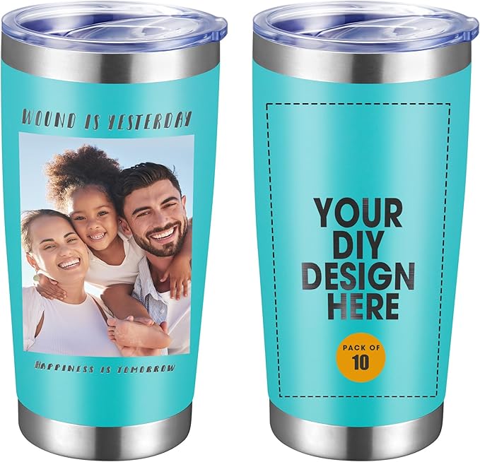 Personalized Custom Tumbler Print in USA 10 Pcs 20oz Stainless Steel Coffee Cup with Lid & Straw Double Wall Insulated Tumbler with Colorful Text Logo Photo - Bloomnest