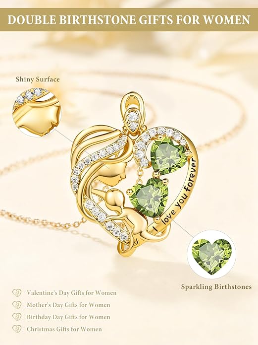 14K Gold Double Birthstone Heart Necklace for Women Mom, Mother Son/Daughter Pendant Necklace for Christmas Mother's Day Birthday Gifts for Wife Daughter Grandmom - Bloomnest