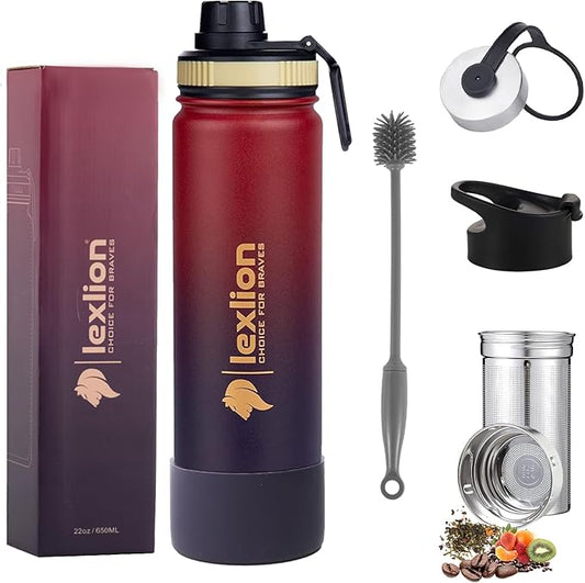 Lexlion Tea Infuser Water Bottle 22 Oz – Triple Wall Insulated Stainless Steel, Loose Leaf & Fruit Strainer, 3 Leakproof Lids, BPA-Free Silicone Sleeve, Reusable Thermal Mug - Bloomnest