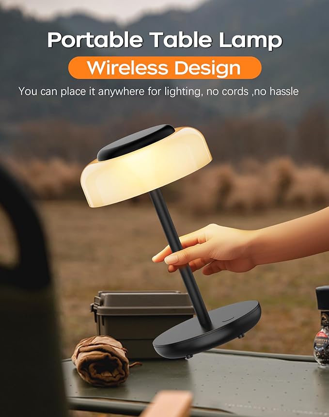 QiMH Battery Operated LED Table Lamp, 5000mAh Rechargeable Cordless Lamp, Stepless Dimmable Touch Control, Small Waterproof Desk Night Light for Living Room, Bedroom, Outdoor Bar (Black) - Bloomnest