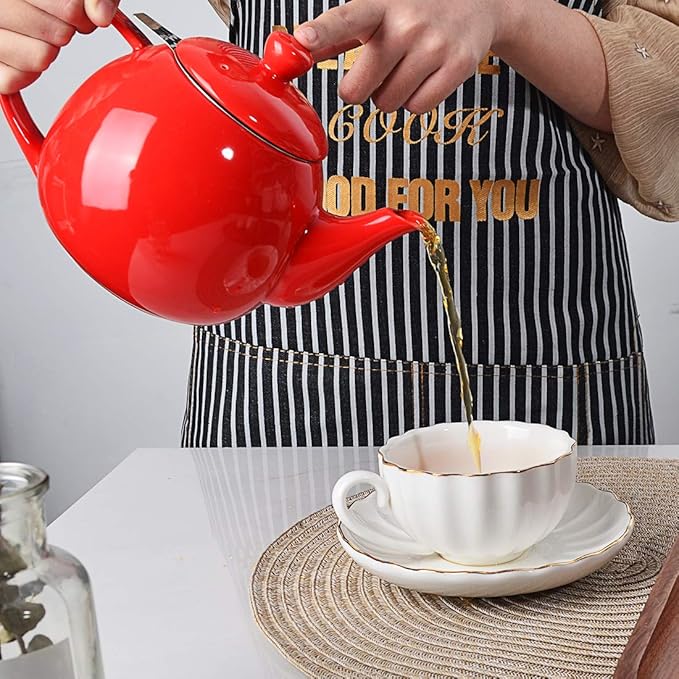 Sweejar Porcelain Teapot with Removable Stainless Steel Infuser,Microwave & Dishwasher Safe Tea Pots for Loose Tea,Tea Infuser Pots for Chrismas Women Gift (30oz Red) - Bloomnest
