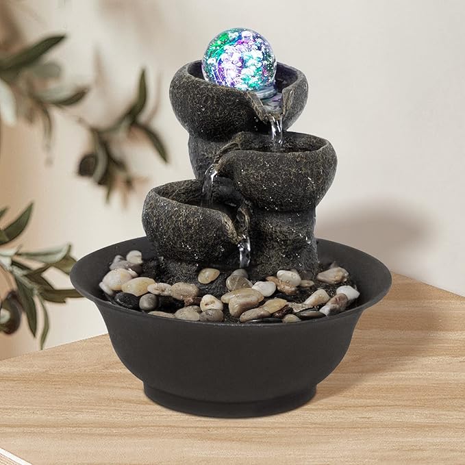 Ferrisland Tabletop Waterfall Fountain - 3-Step Modern Water Fountain with LED Light for Office Desktop Decor - Bloomnest