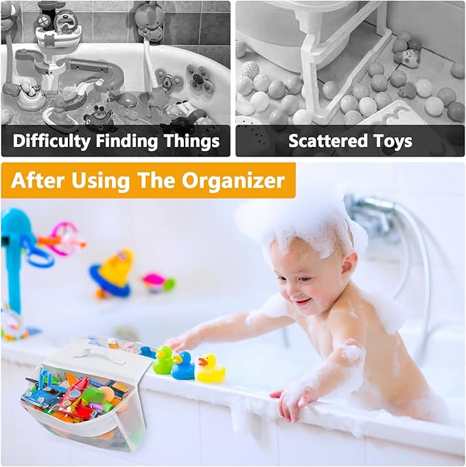Bath Toy Organizer with 2 Pockets, Large Capacity Mesh Storage with Grip, Quick Dry, Perfect for Organizing Toys and Bath Essentials, Fits 6-Inch Tub Edges - Bloomnest