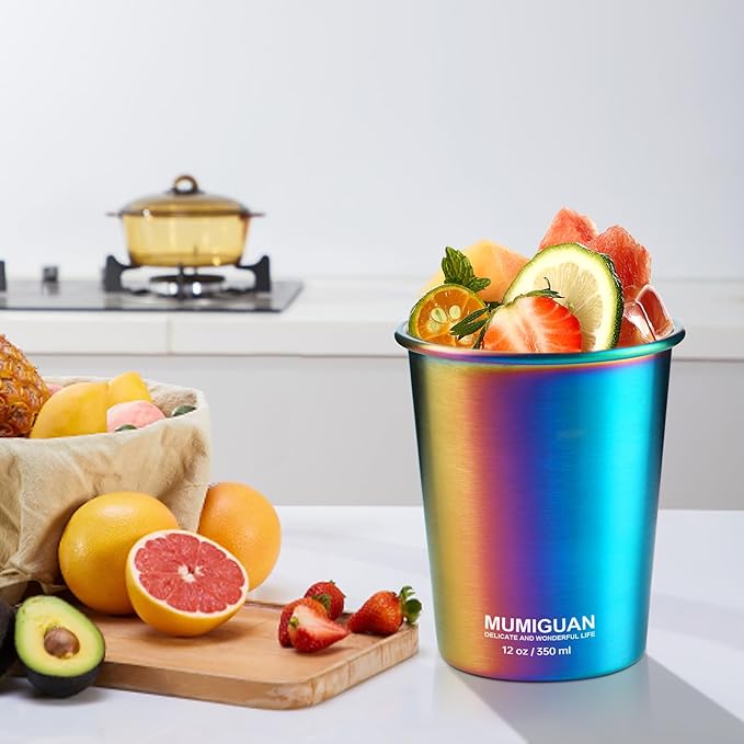 Stainless Steel Cups for Kids 12oz/350ml (4 Pack), Children's Rainbow Electroplating Cups, Camping Stainless Steel Cups, Stackable Metal Drinking Glasses, Toddler Stainless Steel Tumbler, BPA Free - Bloomnest