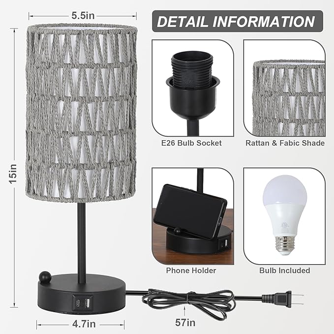 Touch Bedside Lamp For Bedroom with Bulb, Gray Boho Small Table Lamp For Living Room With Rattan & Linen Shade, 3 Way Dimmable Table Lamp For Nightstand With USB Charging Port & Phone Stand For Office - Bloomnest