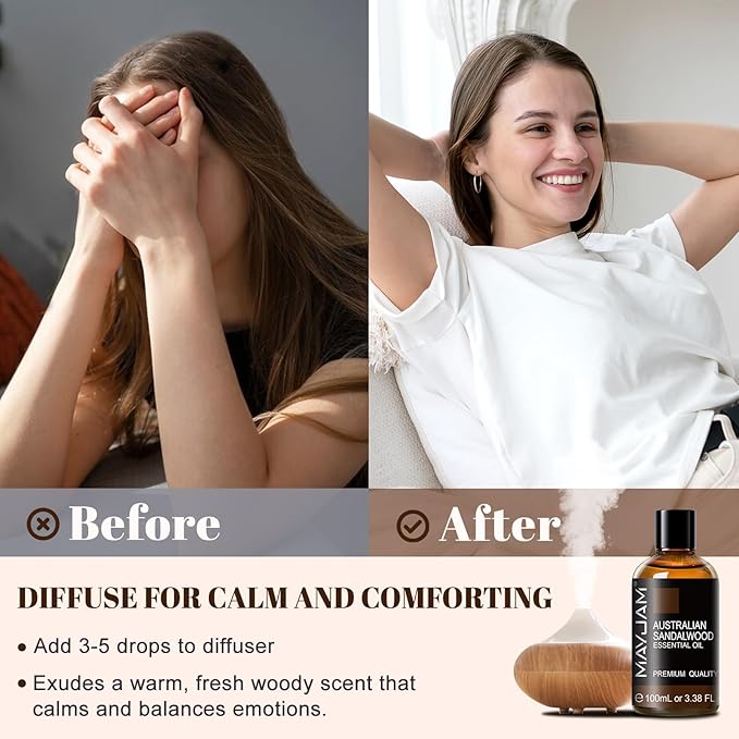 MAYJAM Australian Sandalwood Essential Oils 3.38 FL.OZ Pure Australian Sandalwood Oil for Massage Skin Care Hair Care Diffuser Candle and Soap Making - 100ml - Bloomnest
