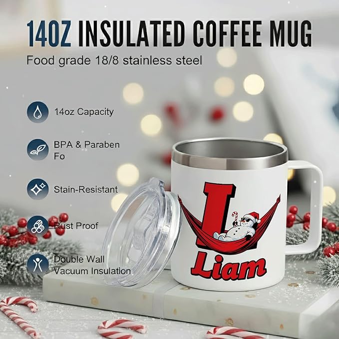 JugJug Personalized Christmas Mug with Initial & Name - Funny Chilling Snowman 12oz Insulated Coffee Cup w/Lid - Cool Xmas Gifts for Kids, Boys (B173) - Bloomnest