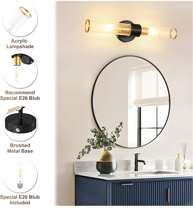 Black Gold Battery Operated Wall Sconces Set of 2, Rechargeable Wall Lights with Dimmable Remote Control, 20“ Modern Sconces Wall Decor, Wireless Wall Lamp for Bedroom, Living Room (Bulbs Included) - Bloomnest