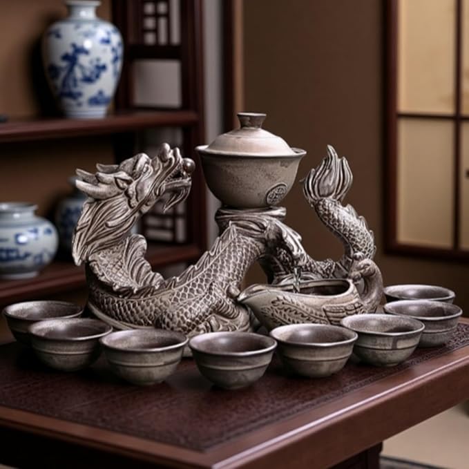 Chinese Gongfu Tea Set - Ceramic Teapot with Infuser, 8 Cups, Semi Automatic Dragon Design for Loose Leaf Tea