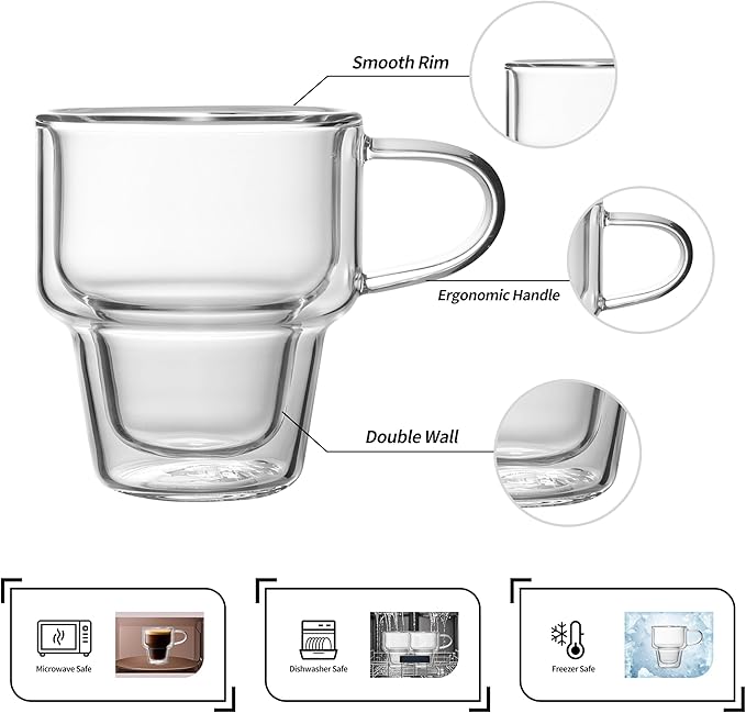 NIRA.Z 4 Pack Double Wall Glass Coffee Mugs 10 OZ Insulated Espresso Cups with Handle, Stackable Thermal Glass Coffee Cups, Ideal for Hot & Cold Drinks, Juice, Americano, Latte, Tea Bags, Cappuccinos - Bloomnest