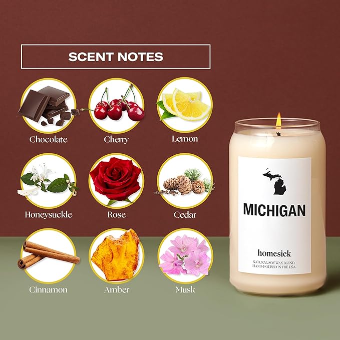 Homesick Scented Candles for Home (Michigan) - 13.75 oz Long-Lasting Soy Wax Jar Candle for Women & Men for All Occasions, 60-80 Hours Burn Time - Notes of Chocolate, Cherry & Lemon - Bloomnest