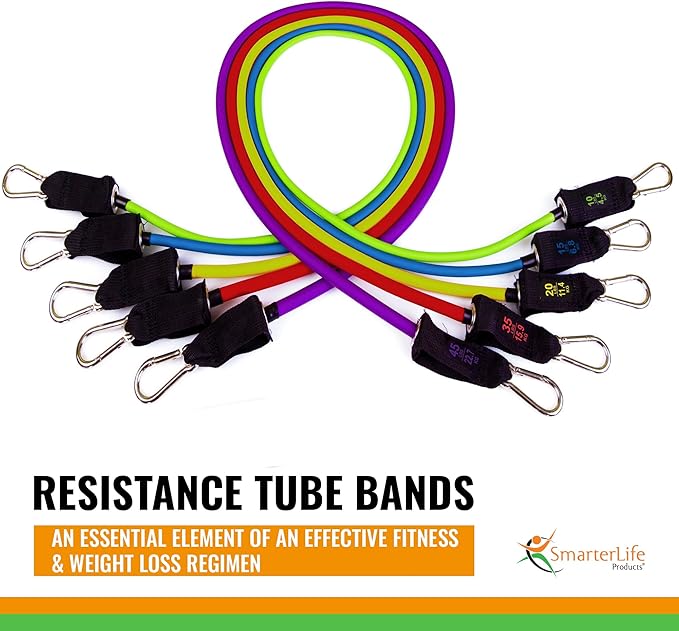 SmarterLife Resistance Bands with Handles, Physical Therapy Strap, Exercise Band to Tone Arms, Legs, Chest, Booty - 5 Exercise Bands with Handles, Ankle Straps, No-Slip Door Anchor, Storage Bag - Bloomnest