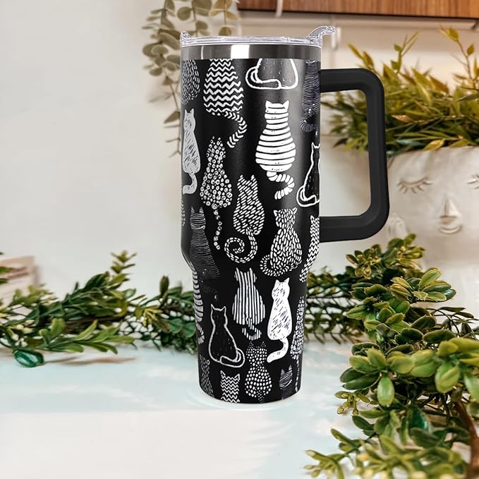 40 Oz Black Cat Coffee Travel Mug Cup Water BottleTumbler With Handle,Cat Decor,Black Cat Gifts for Women - Bloomnest