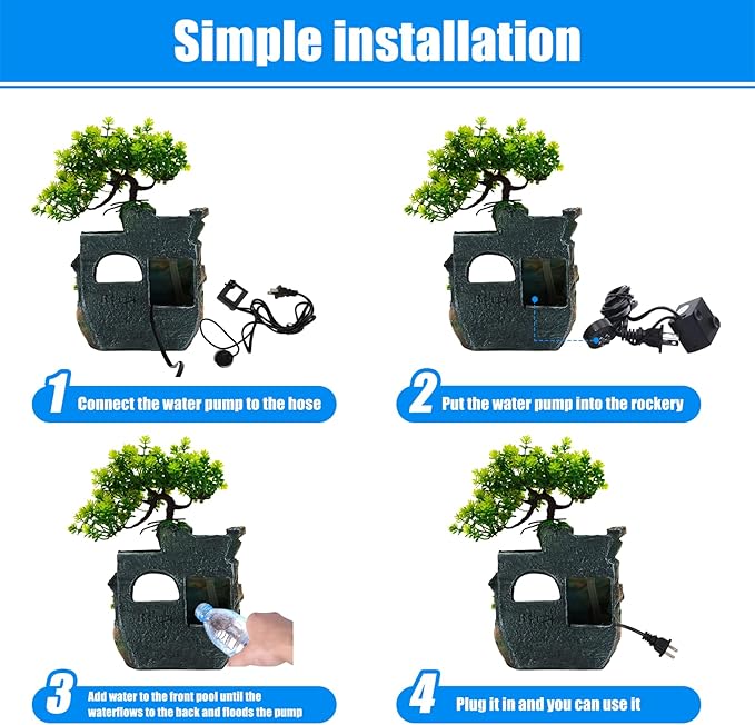 Tabletop Waterfall Fountain – 11 in Rockery Humidifier with Color-Changing LED Light, Adjustable Pump & Faux Bonsai Tree, Resin Indoor Desk Fountain Décor for Bedroom, Office, Aquarium, Meditation