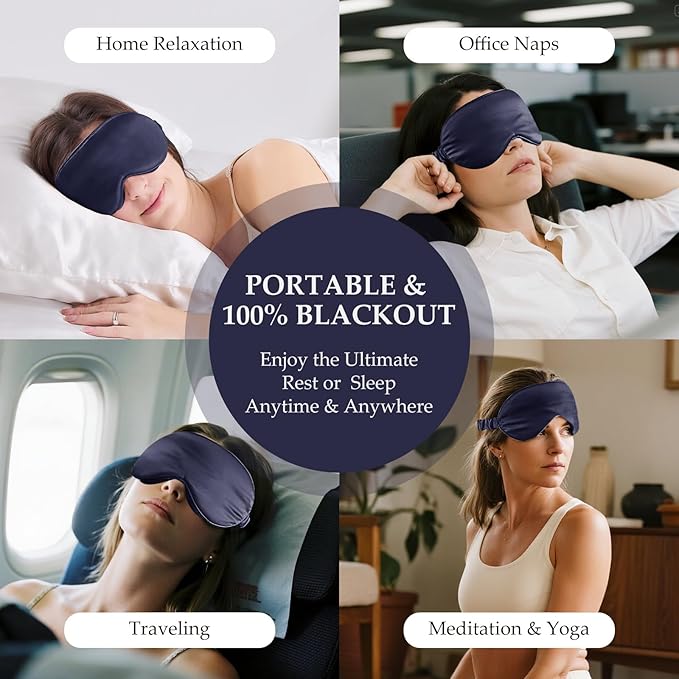 100% 22 Momme Mulberry Silk Sleep Mask with Adjustable Strap, 3D Contoured Cup Silk Eye Mask for Sleeping, Total Black Out, Navy Bule - Bloomnest