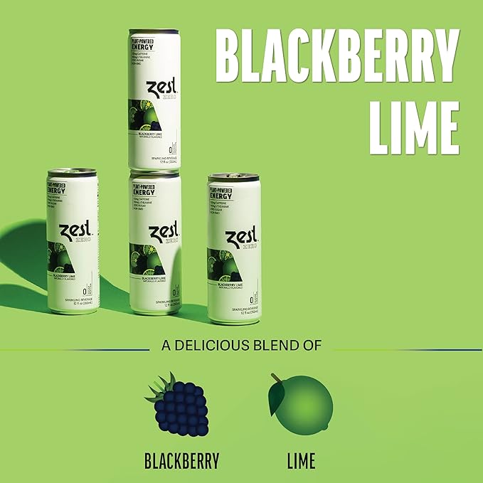 Zest Clean Energy Drink – Blackberry Lime – Zero Sugar, 0 Calories – 120mg Caffeine + 100mg L-Theanine for Focus, Energy & Concentration – Healthy Zero Sugar Energy Drink – 12oz Can, 12 Pack - Bloomnest